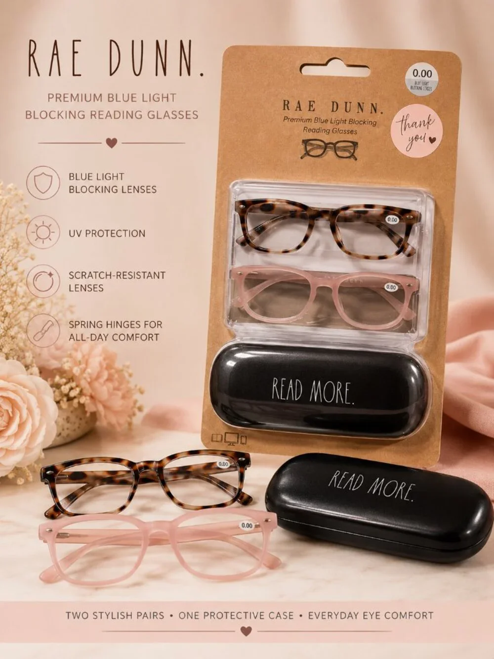 Rae Dunn Blue Light Blocking Glasses 2 Pair Pink Tortoise + Case 0.00 NWT